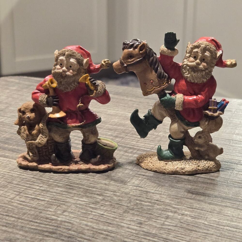Vintage Santa Claus Figurines Lot of 2 Christmas Rocking Horse Resin Miniatures